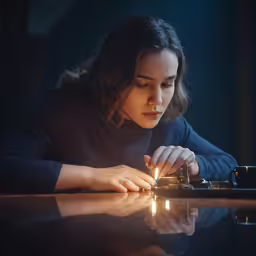 woman lighting candle next to counter with lite up cigarette in hand