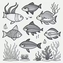 many different types of fish on a white background