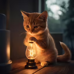 cat looking at light bulb that is glowing