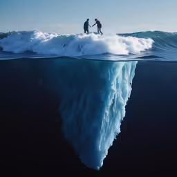 two people on the tip of a large blue iceberg