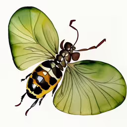 a green and yellow bug sitting on top of a green leaf,watercolor painting of a large bug with wings spread out