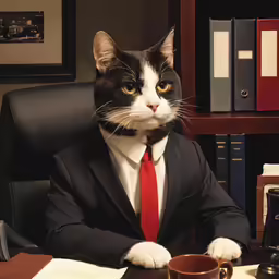 a cat in a suit at his desk