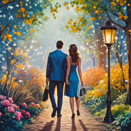 a painting of a couple holding hands on a path in the woods
