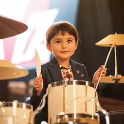 a young child holding a white drum stick