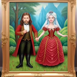 the painting shows two people dressed as a couple,a painting of a woman in an old fashion dress standing next to a man