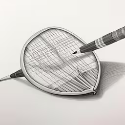 the drawing shows a closeup of a racket,drawing of a magnifying glass with a ball of yarn nearby,a drawing of two tennis rackets lying on each other,the drawing shows two tennis rackets with one missing,a drawing of a tennis racket in graphite