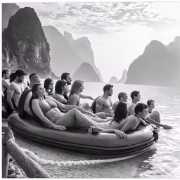 a group of people riding rafts across water