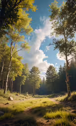 a dirt trail with trees and rocks on the side
