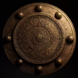 large golden metal disk with ornate ornaments against a black background