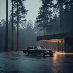 a black car sitting in front of a hotel building