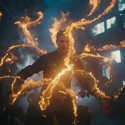 a person holding a fire stick and glowing