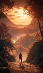 person walking down road surrounded by trees in the sunlight