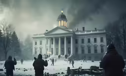 people standing in front of a big white building