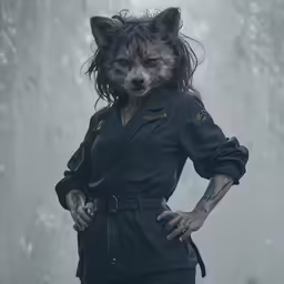 a person with an animal on their head and a suit