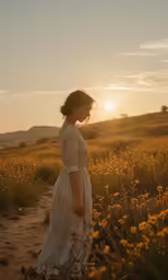 a woman in a dress standing on a grassy field