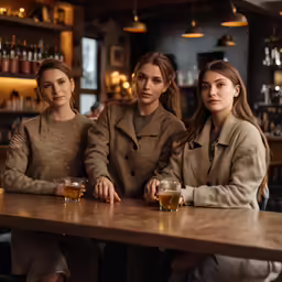 three women in brown coats are sitting at the table drinking