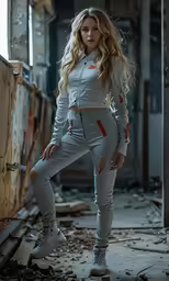 a woman in a grey set posing for the camera