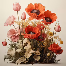 a bunch of red flowers sit on top of some grass