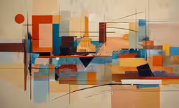 a painting made out of multi colored squares and squares,abstract painting on wall in orange and blue colors
