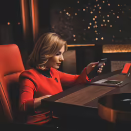 a girl in red jacket holding a cell phone near a laptop and computer