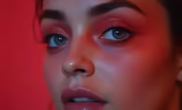 a girl with very blue eyes wearing pink makeup