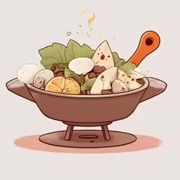 a big bowl of assorted food with a small pizza cutter