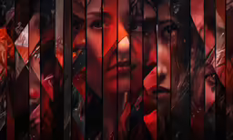 an abstract painting of two women and a red background