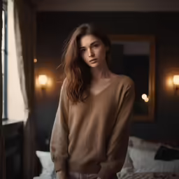 a woman is posing in a bedroom with an open window