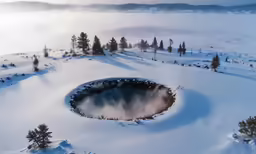 a crater in the snow surrounded by pine trees