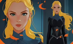 blonde woman wearing a black suit and orange leaves