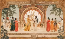 a painting of women in medieval style dresses standing together outside