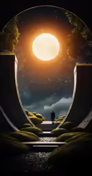 man looking at stars and moon in sky in oval arch