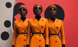 three woman dressed in orange are standing together