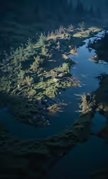 a river flowing through a forest covered with green grass