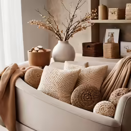 decorative pillows, vase and pot fill the space in a living room