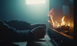 a person is holding a cup next to an open fireplace