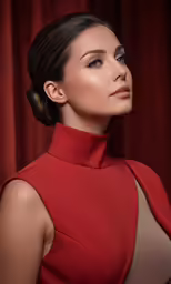 a woman wearing a red dress and a high bun
