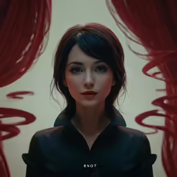 a very pretty young woman in front of some red curtains