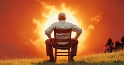 the man is sitting in the chair with the sun setting