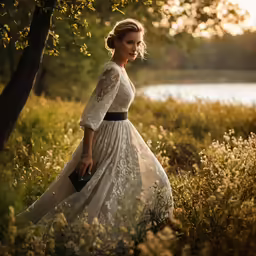 a woman in a long dress and shoes walks through tall grass