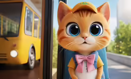 the cat has big eyes and a backpack