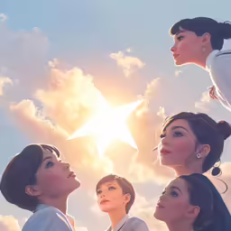 some people and a star and clouds