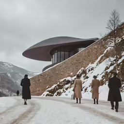 people walking along a road covered in snow