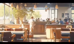 some people eating at a small restaurant with big windows