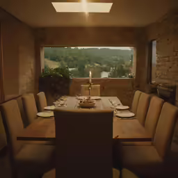 a large table with chairs, a candle, and a view