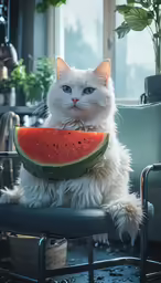 a cat with a watermelon slice on his neck