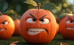 several cartoon pumpkins with faces are sitting in the grass