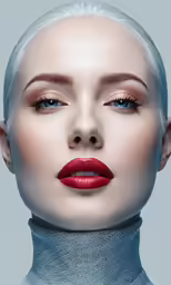 a woman with white hair and red lips