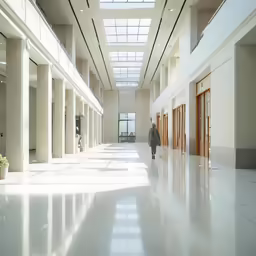 man walking down hall with white floors and tall windows