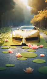 the car is sitting on the road and some leaves
